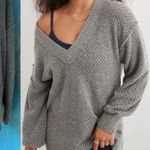 Aerie  small grey chunky v neck sweater open knit cozy oversized Photo 0
