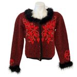 BEREK Vintage Button Down Faux Fur Trim Red Beaded Sweater Size S Photo 2