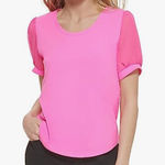 DKNY DYNK NWT Mixed Media Puff Sheer Sleeve Top in Power Pink XL Photo 0