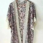 Indigo Rose L Floral Print Open Front Kimono Cardigan Coverup Shirt Crochet Boho Pink Size L Photo 0