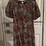 Maeve Blue and Orange A-line Midi Dress with Puff Sleeves Photo 1