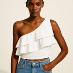 ZARA  White One Shoulder Layered Ruffle Flounce Casual Boho Crop Top Blouse Sz L Photo 0