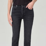 AGOLDE  Jeans Women 28 Black Riley High Rise Cropped Straight Distressed Denim Photo 0