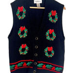 Vtg Baxter & wells knit button up Christmas holiday wreath vest petite M Black Size undefined Photo 0