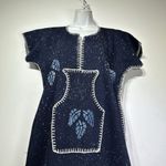 Handmade Navy Blue Thick Bohemian Caftan Embroidered Stitch Leaf Maxi Dress OS Photo 2