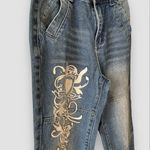 Women Low Rise Washed Baggy Jeans Heart Floral Graffiti Wide Leg Denim Sz Sm Blue Photo 3
