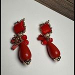 Red Bead Gold Tone Beaded Dangle Drop Clip On Earrings NWOT Photo 0