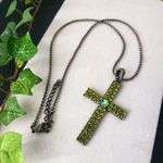 Brass Green Crystal Cross Pendant on 18" Chain Photo 1