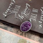 Vintage Purple Rose Pendant Necklace 60s Carved Resin Stainless Chain Photo 4