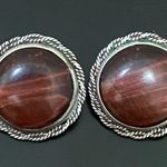 Unique Vintage  STERLING Signed Red Tiger Eye Large Cabochon Clip-On Earrings 15g Photo 1