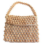 Vintage Beaded Handbag Natural Wood Raffia Woven Made in Japan Brown BOHO Retro Tan Photo 0