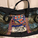 Denim Overnight Messenger Bag Ethnic Embroidery Travel Carry On Weekender Large Tote with Fringes Photo 10