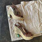 Miu Miu Crisscross Brown Leather Cork Wedge Platforms Gold Heel Photo 2