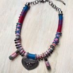 Tribal Boho Fabric, String and Metal Necklace Blue Photo 1
