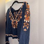 Free People  bell sleeve crop top size XS embroidered paisley pattern navy blue Photo 2