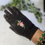 Vintage Kidskin Leather Gloves with Embroidered Flower Black Photo 3