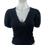 ZARA  Women's Black Ribbed Knit V-neck Short Puff Sleeve Crop Blouse Top Size S Photo 0
