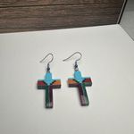 Christian Cross Multi Color Dangle Drop Pierced Earrings Silver Tone Religious Photo 7