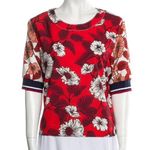 Warm NY Floral Top with Contrast Striped Rib Trim Blue Size M Photo 0