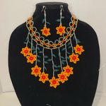 Handmade Floral Beaded Necklace and Earring Set. Red Photo 0