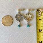 Handmade goth punk grunge style heart cross & purple Czech glass flowers dangle earrings💐 Photo 3