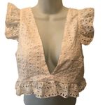 Zaful White Eyelet Crop Top XL Plunging Neck Tied Back Feminine Flutter Sleeve Photo 1