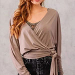 Buckle Top, Surplice Side Tie Top WILLOW & ROOT Size, XL Brown Photo 0