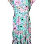 Vintage Avon Teal Pink Floral V Back Midi Dress With Mermaid Ruffle Bottom Hem Size 8 Photo 0