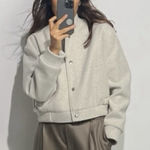 ZARA  XL Cropped Bomber Jacket Beige Wool Blend Snap Front Ribbed Hem NWT Women Photo 0