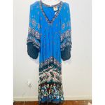 Farm Rio Blue Black Bell Sleeve Ainika Tiles Flowy V-Neck Maxi Gown Size XS Photo 3