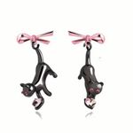Black Cat With Pink Bow Alloy Drop Earrings, Cute Elegant *Fashion‎ Jewelry Photo 6
