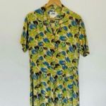 Flax Green Tropical Palm Print Full Length Dress Button Up Pockets Collar Rayon Photo 10