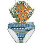 Farm Rio NEW  Swimsuit One Piece High Neck Cutout Floral Blue Geometric Size XL Photo 0