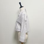 ZARA White Taupe Stripe Button Up Distressed Raw Hem Collar Crop Top New Large Photo 4