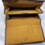 Antique Tooled Leather Clutch Handbag Brown Gold Taffeta Kiss Lock Handle Purse Photo 9