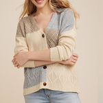 Maurice’s Patchwork Cable Knit Cardigan Sweater‎ Medium Brown Photo 0