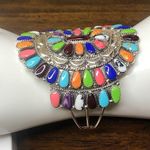 Sterling Silver Petit Point Gemstone and Handcrafted Native American Navajo Cuff Photo 3