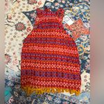 THML NWT  Moroccan Red and Blue Patterned Top with Yellow Fringe Size Medium Photo 0