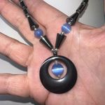 Vintage Hematite and Blue‎ Stone Pendant Necklace Gray Photo 2