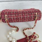 Badgley Mischka Badgley‎ Mischka Woven Tweed Messenger Bag Gold Red Coquette Pearls Chain Photo 6