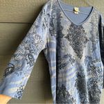 Jess & Jane Large 3/4 Sleeve V Fantasia Boho Tunic Artsy Rhinestone Top Blue USA Photo 4