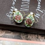 Vintage Women’s Purple Pink Floral Oval Porcelain Faux Peal Clip On Earrings Photo 3