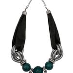 Handmade Chunky Beaded Statement Necklace Mixed Media Fabric Metal Green Silver Bohemian Photo 1