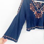 Linjia Shop Womens Boho Embroidered Flare Long Sleeve Cropped Top Size L Navy Blue Size L Photo 2