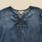 Via Penny Lane Reworked Apparel | Dolly Parton Graphic Chambray Lace Up Blouse Blue Photo 1
