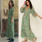 Free People  Bohemian Billowy Earthfolk Maxi Dress Fall Floral Jade Green Medium Photo 1