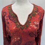 Coldwater Creek 100% Cotton Rust Red Paisley & Floral Beaded 3/4 Sleeve Top M Photo 1