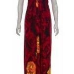 Alice + Olivia  Silk V-Neck Halter Top Maxi Dress Red Orange Roses Size Large Photo 0