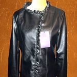 Emporio & co black leather feminine ruffled design zip up jacket! Size L Photo 1