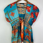 Single Mixed Print Silk Cardigan Blouse‎ Teal Size S Blue Photo 0